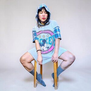 Vintage 90's Mickey Mouse distressed grungy plaid punk emo fairy hoodie dress OS